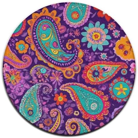 Large Home Decor Mat, Soft Round Yoga Carpet, Non Slip Machine Washable Kitchen Office Circle Rug Colorful Bohemian Flower Boho Floral Paisley
