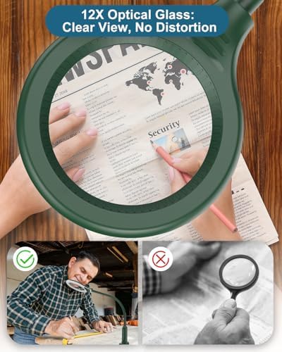 12X Magnifying Glass with Light and Stand, Real Glass, LED 5 Color Modes, Brightness Stepless Dimming Lighted Magnifier Hands Free, Flexible Gooseneck Desk Lamp with Clamp for Close Work, Craft, Green