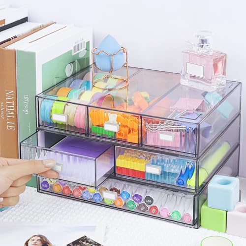 3 Tier Stackable Desk Organizer with 6 Drawers, YOCOMEY Plastic Desktop Storage Box Drawers, Detachable Makeup Storage Office Stationery Supplies Organizer for Office School(Clear)