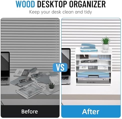 5-Tier Wood Desk Organizer, Paper Tray Organizer for Desk with Adjustable Storage Shelves, Desktop Mail Organizer and Paper Sorter Mail Holder for Office Home Classroom, White (Pack of 2)