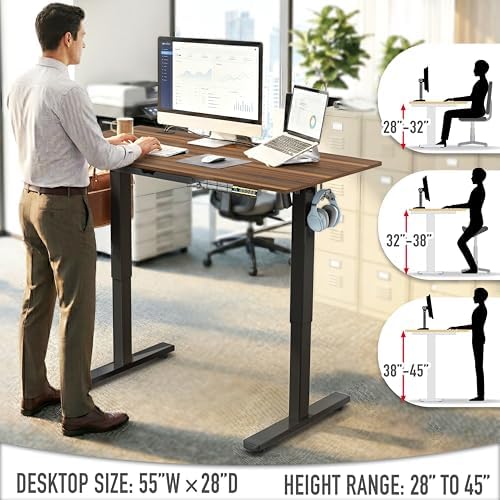 SHW 55 x 28 Electric Height Adjustable Standing Desk w/Drawer, Walnut