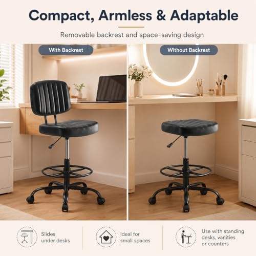 Simple Deluxe Tall Drafting Chair, Low Back PU Leather Standing Desk Chair with Footrest Ring, Swivel Rolling Stool for Studio, Lab, Counter and Small Spaces, Black