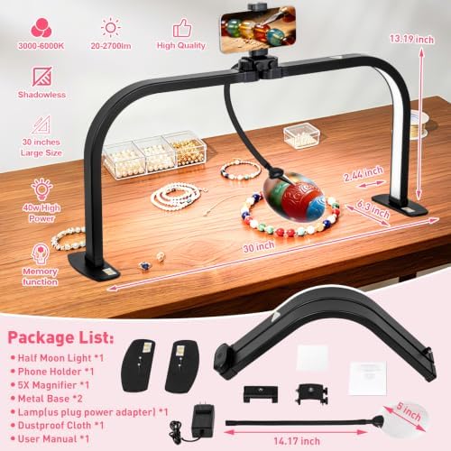 HITTI LED 5X Magnifier Half Moon Nail Desk Lamp, 30" Foldable Arch Light