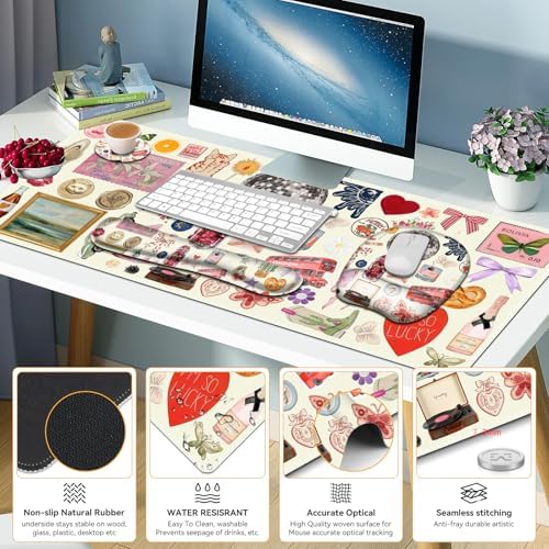 Beige Mouse Pad with Wrist Support 4 in1 Set, XXL Big Game Mousepad + Keyboard Wrist Rest + Mouse Wrist Rest Pad +Coaster Gaming Mat for Home Office Work Computer I Cute Design Stickers