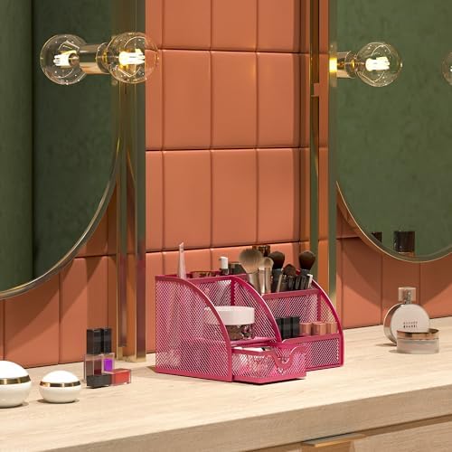 EasyPAG Mesh Desk Organizer with Drawer Multi-functional Pen Holder Stationery Organizer for Office School Supplies 6 Compartments Dorm Organizers and Storage for Desk, Hot Pink