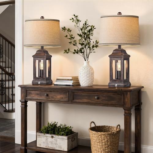 24" Rustic Farmhouse Table Lamps for Living Room, Single Pack Touch Dimmable Nightlight Vintage Bedside Lamps with USB A+C Ports & Dual Light Sources for Bedroom Nightstand End Table, Antique Black