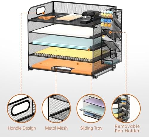 5-Tier Paper Organizer for Desk with Pen Holders, Letter Trays, Black