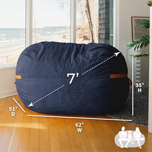 Big Joe Fuf 7Ft Foam Bean Bag Chair for Kids and Family, Ideal for Living Space and Basement, Midnight Blue Corded Plush, 7 feet Giant