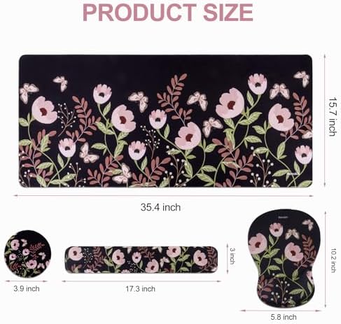 Petmolico Desk Pad Set with Wrist Rest for Keyboard & Mouse, Mint Flower