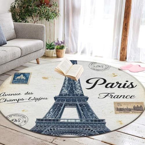 Men's Large Home Decor Mat, Soft Round Yoga Carpet, Non Slip Machine Washable Home Office Circle Rug Eiffel Tower