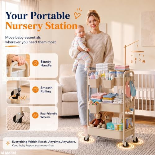 Beige 3 Tier Rolling Storage Cart Metal on Wheels, Cream Diaper Caddy Carts
