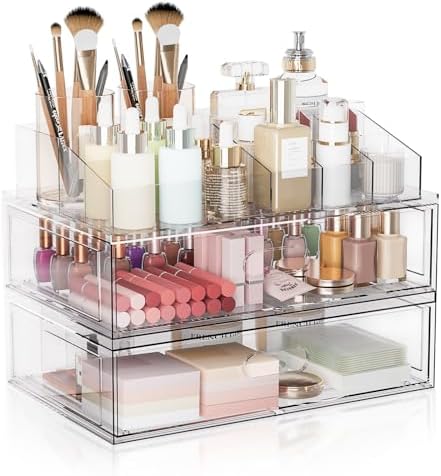 Clear Stackable Makeup Organizer with Drawer, 12''W Acrylic Storage Drawers
