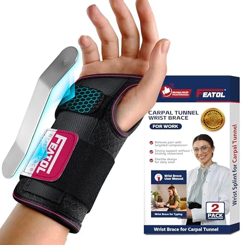 FEATOL 2 Pack Carpal Tunnel Wrist Brace For Work With Wrist Splint, 6.5'' Wrist Brace Night Support For Women Men, Pain Relief For Tendonitis, Arthritis, Pregnancy, Typing, Right and Left Hand, Large