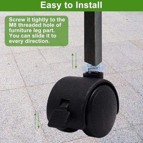 1 Inch Swivel Caster Wheels with Brake, M8 Threaded Swivel Casters Set of 4, Black Nylon Replacement Casters Wheels for Furniture Table Cabinet Office Chair