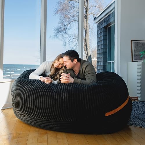 Big Joe Fuf 7Ft Giant Foam Bean Bag Chair, Oversized Couch with Removable Cover for Kids, Teens, Adults, Black Licorice Corded Plush, 7 Foot