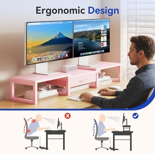 Desk Organizers and Accessories, Dual Monitor Stand Riser with Drawer, Computer Monitor Stand, Adjustable Desk Shelf for PC Laptop Printer TV, Pink