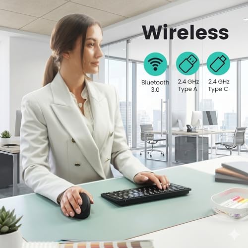 Perixx PERIMICE-819B Bluetooth Portable Vertical Mouse - Wireless 3-in-1 Multi-Device Spec - Silent-Click - Portable Compact Size - Black - Right Handed