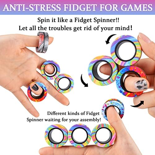 Cevioce 18Pcs Magnetic Rings Fidget Toy Set, ADHD Anxiety Magnetic Fidget Toys Adults Fidget Spinner Rings for Relief, Easter Gifts for Kids Year Old Easter Basket Stuffers for Teens Boys Girls D