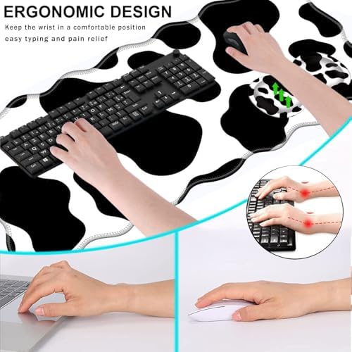 Mouse Pad with Wrist Support + Desk Mat + Coaster 3 in 1 Set, XL Large Gaming Mousepad Ergonomic Mouse Pads for Desk Computer Laptop Office,Cow Print