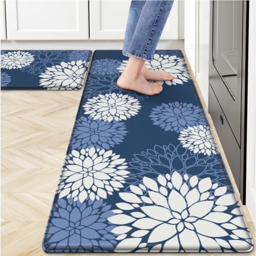 Kitchen Mats 2 Piece Set, Anti Fatigue Non Slip Cushioned Floor Rugs, Blue