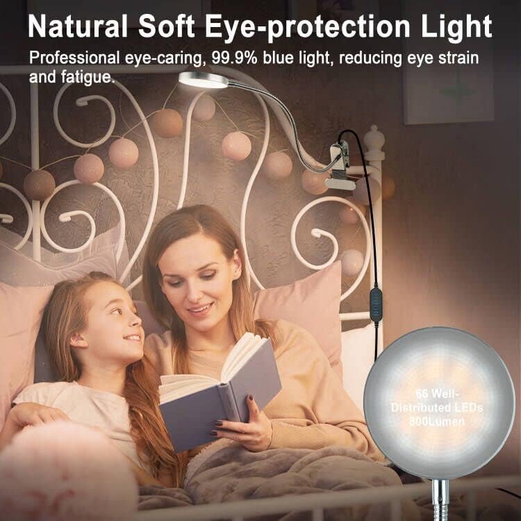 LiFMIRA Clip on Lamp Reading Light 5 Color Modes 10 Brightness 8W Silver