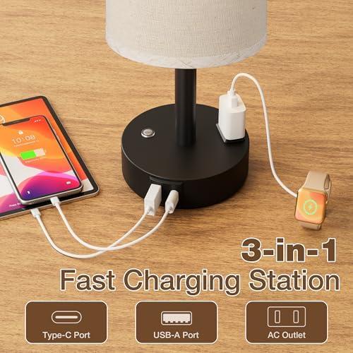 Beige Touch Bedside Lamp for Bedroom, Stepless Dimmable, USB A+C, AC Outlet