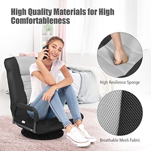GIANTEX Floor Chair, 360 Degree Swivel Chair with Adjustable Backrest, Lumbar Support, Armrest, Foldable Lazy Sofa Rocker for TV, Reading, Playing Video Games, Black/Grey