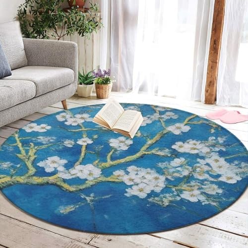 Room Sofa Yoga Soft Round Carpet, Home Decor Non Slip Kitchen Office Circle Rug, Machine Washable Modern Round Area Rug Beautiful Apricot Flower Blossom Art, 60inch