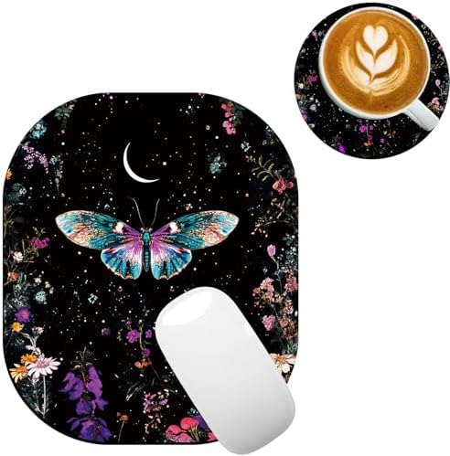 Small Mouse Pad，Mini Mouse Pad 6 x 7 Inch，for Laptop Keyboard Tray Wireless Mouse Home Office Travel，with Non-Slip Rubber Base, Waterproof Mouse Mat，Flower Moon Butterfly
