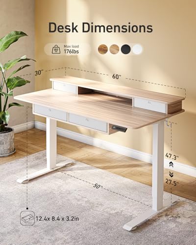 CubiCubi 60" x 30" Standing Electric Desk with Drawers, Light Rustic Brown