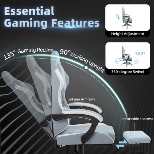 Gaming Chair for Adults, Fabric Gaming Chair with Footrest and Pocket Spring Cushion, Ergonomic Gamer Chair with Lumbar Support, Reclining Computer Gaming Chair with High Back, Blue