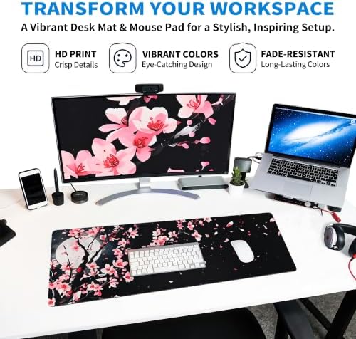 Extended Cherry Blossom Desk Mat, XL Large Gaming Mouse Pad, Japanese Sakura Moon Stitched Edges Waterproof with Non-Slip Rubber Base for Computer Keyboard Laptop Work Home Office 31.5"x11.8"