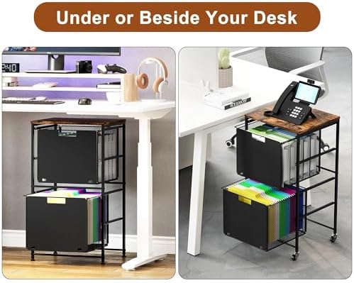 EasyPAG Rolling Storage Cart with 2 Drawers, Under Desk File Cabinet on Lockable Wheels, Movable Letter Size Hanging File Folder Organizer with Wooden Printer Stand for Home Office, Black