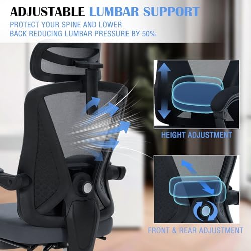 Ergonomic Office Desk Chair with Foot Rest - Adjustable Lumbar Support & Headrest, 90-160° Reclining Mesh Back Computer Chair - Home Office/Gaming for Adults