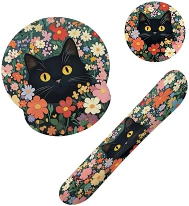 Cute Black Cat Flower Mouse Pad with Wrist Rest Set, 3-in-1 Wrist Support Mousepad Set, Gaming Mat Pad with Anti-Skid Base,Ergonomic Memory Foam Mouse Pad Set for Women, Office, Typing, Gaming