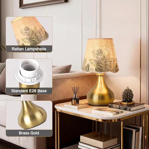 Ziqqeelam Gold Small Bedside Cute Table Lamp for Bedroom, Table Lamps for Nightstand, Scalloped Rattan Shade Table Lamps for Small Spaces for Bedroom, Home Office, Living Room