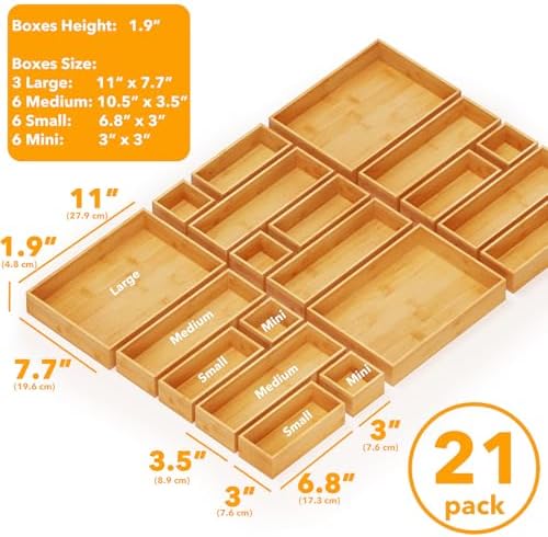 SpaceAid 21-Piece Bamboo Drawer Organizer Storage Boxes Set, Wood Tray Junk Drawer Organizers Multi-Use Divider Bins for Kitchen, Bathroom, Office Desk and Makeup Organization (21 Pack, Natural)