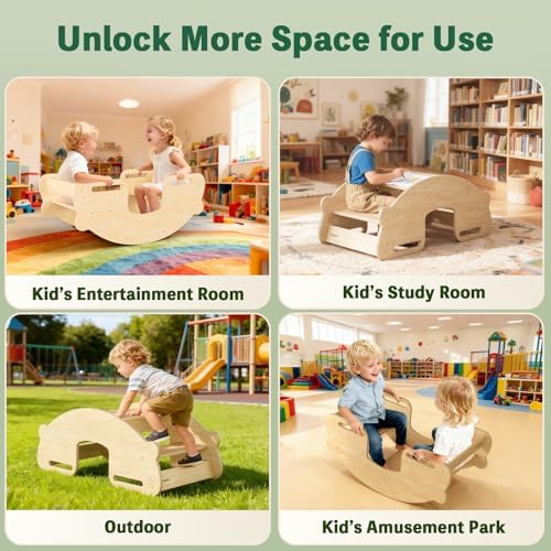 3-in-1 Kids Table and Chair and Kid Seesaw - Convertible Activity Table with Twin Chairs Montessori Balancing Toy,Teeter Board for Children,Birchwood