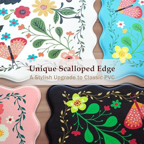 Arenarug Scalloped Kitchen Mats for Floor Cushioned Anti Fatigue Kitchen Mats Rugs Waterproof Non Slip Farmhouse Boho Floral Comfort Foam Standing Mat for Sink Laundry, White, 17.3x30