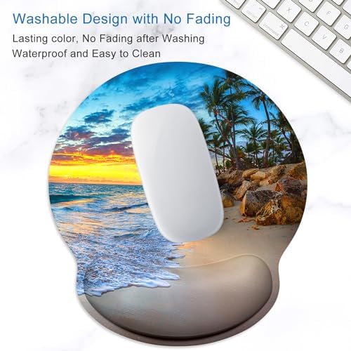 ITNRSIIET Ergonomic Mouse Pad with Wrist Support Wrist Rest Smooth Surface Non-Slip Rubber Base Comfortable Office Supplies Pain Relief, 9.8 x 9.1 inches, Beach