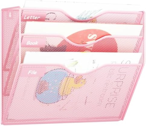 3 Pockets Hanging Wall File Organizer Mail Holder, Wall Mounted Paper Document Folder Holder, Clipboard Storage Organization Magazine Rack, Pink
