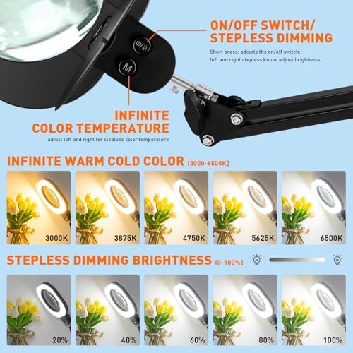 HITTI 2200 Lumens 15X Magnifying Glass with Light and Clamp, 5-Inch Glass