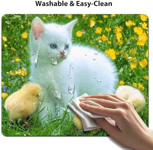 9.5x7.9 Inch Office/Gaming Mouse Pad, Lovely White Kitten and Chicks in a Blooming Meadow Adorable Pets Funny Scene Cute Anti-Slip Mat for Desk