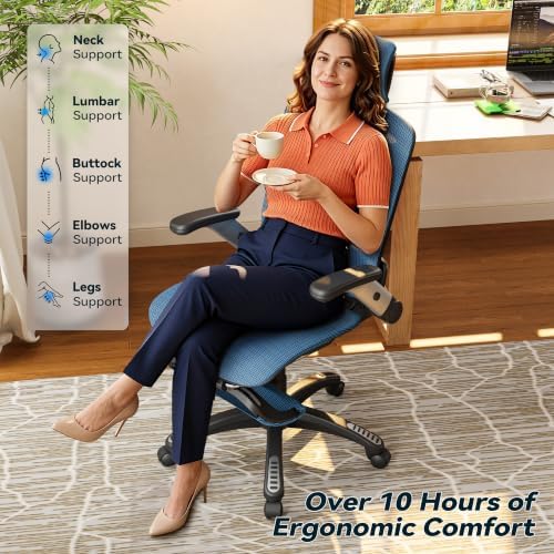 Ergonomic Office Chair with Footrest – High Back Executive Mesh Desk Chair for Corporate & Home, 135° Recline Task Computer Chair with Flip-Up Arms, Wide Seat, Class-4 Cylinder, 300 LBS - GY01BL-FT
