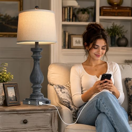 Cinkeda 29" Tall Farmhouse Table Lamp for Living Room Set of 2,Vintage Retro Nightstand Lamps with USB C+A Ports & AC Outlet,3-Way Dimmable Touch Bedside Lamp for Bedroom Side Table,Distressed Black