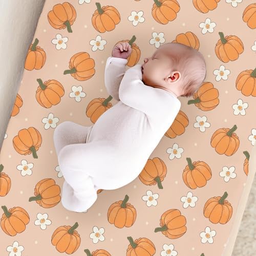 Cartoon Pumpkin Floral Flowers Pattern Baby Changing Pad Cover, Unisex Fall Theme Nursery Diaper Changing Table Pad Mat Sheet for Boys Girls-16x32