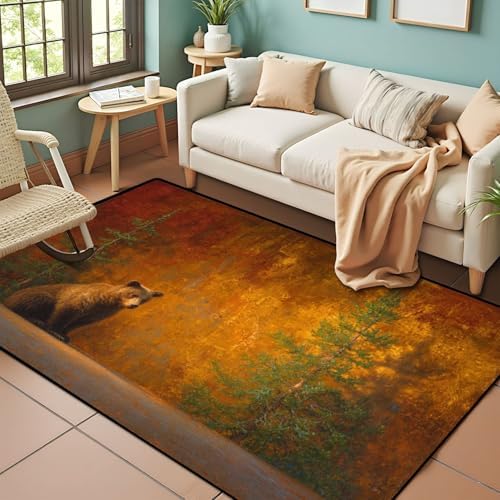 Calming Bear Forest Harmonious Warm Sunset Colors Area Rug Outdoor Patio Rug Play Mat Modern Floor Carpet Non-Slip Home Decor Living Room Kids Bedroom Nursery, 3x5 ft