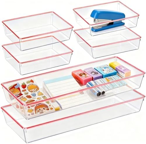 6 Pack Large Size Clear Stackable Drawer Organizer Trays, Rose Gold Rim Makeup Drawer Storage Tray Divider, Desk Storage for Makeup, Jewelry, Bathroom, Stationary, Kitchen Utensils and Office Desk