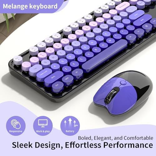 Wireless Keyboard and Mouse, 104 Round Keycaps Retro Typewriter Purple