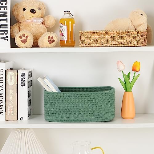 MiniArk Small Storage Baskets for Organizing | Closet Organizer Bins | Shelf Toy Basket | Woven Rope Baskets | Cube Decorative Box | Shallow Basket | 11.5x7.5x4.7” | 3 Packs Green